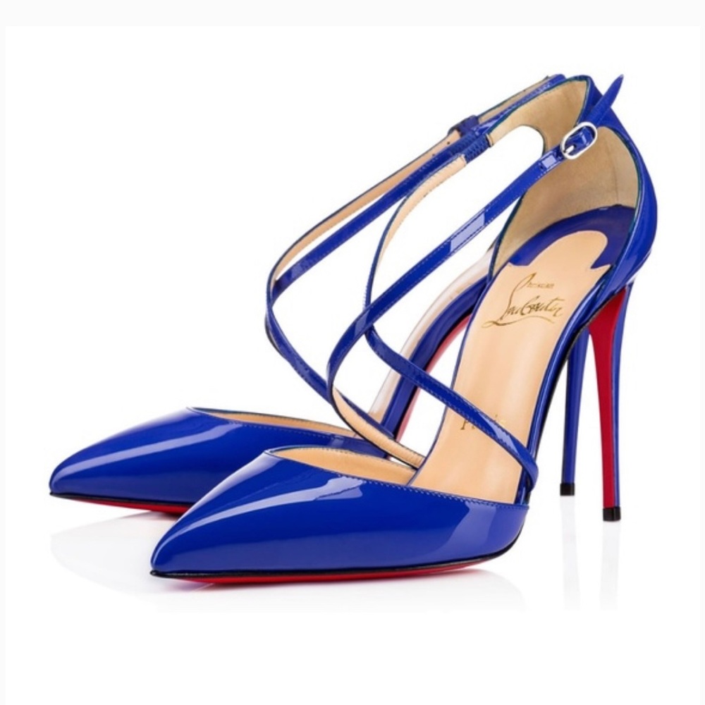 Used Christian Louboutin Blue Patent Leather Cross Blake 100mm Pumps..